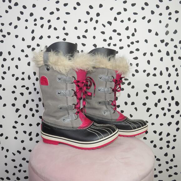 Sorel Gray Faux Fur Trim Girls Lace Up Winter Tofino Boots - Picture 2 of 8